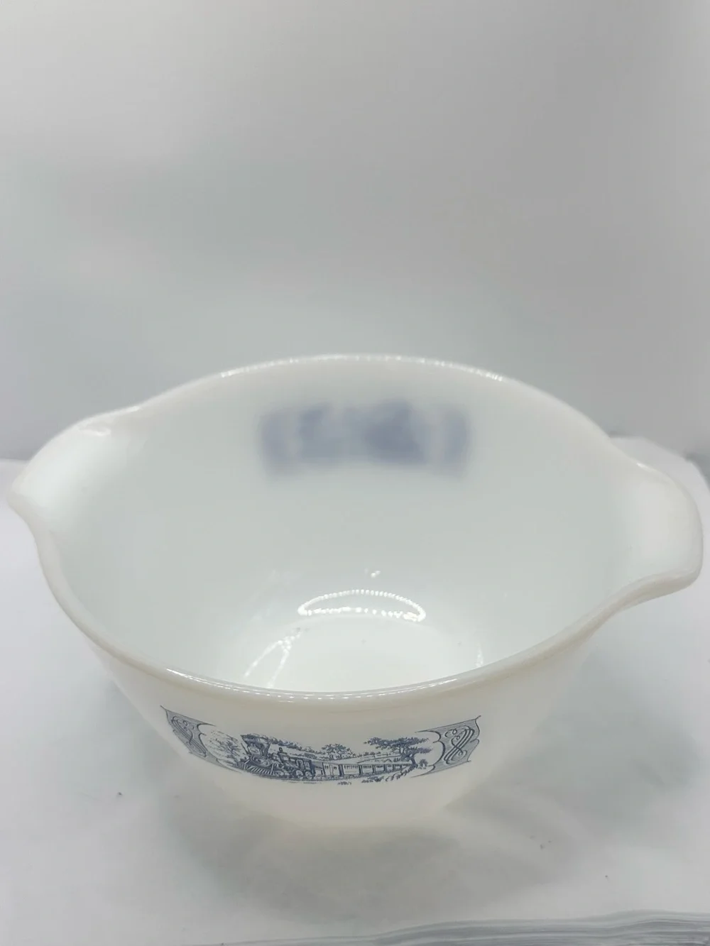 Vintage Currier & Ives White Milk Glass Mixing Bowl with Blue Train Motif